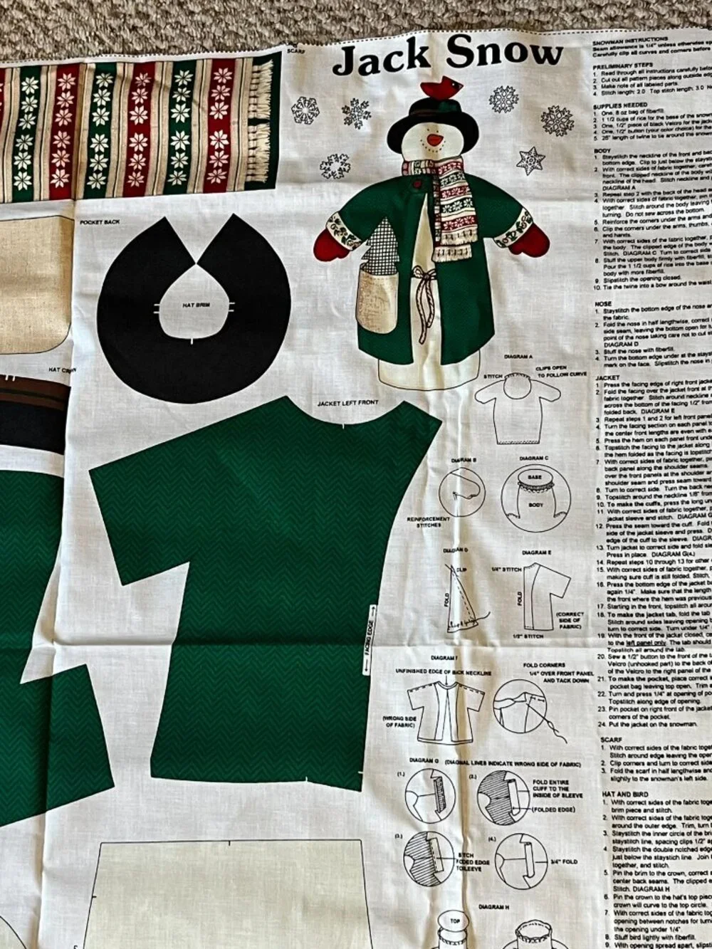 Jack Snow Stuffed Snowman , Cut and Sew Cotton Vintage 1990s Fabric Panel